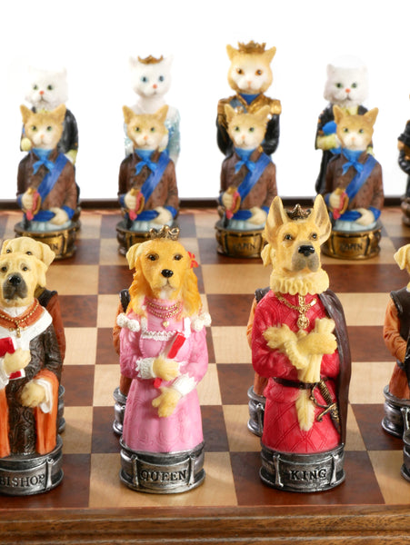 Chess Set - Cats & Dogs Resin Chessmen on Walnut Maple Chest