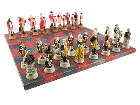 Chess Set - Painted Resin American Revolution Pieces on Red & Dusky Black Faux Leatherette Chess Board