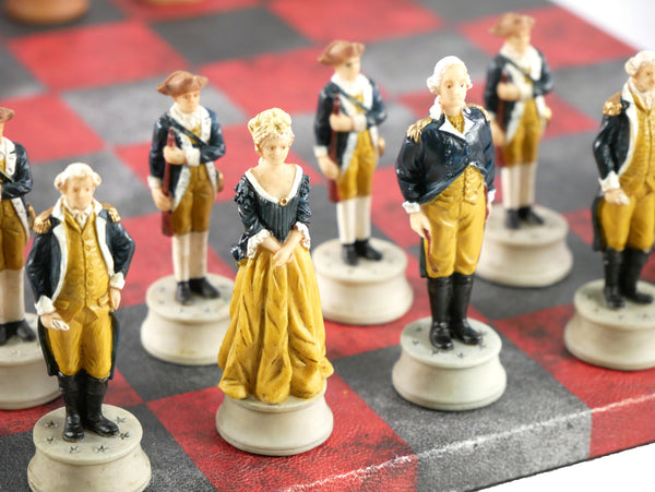 Chess Set - Painted Resin American Revolution Pieces on Red & Dusky Black Faux Leatherette Chess Board