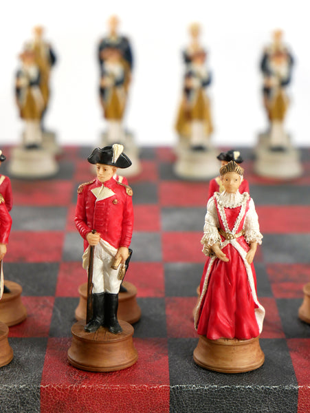 Chess Set - Painted Resin American Revolution Pieces on Red & Dusky Black Faux Leatherette Chess Board