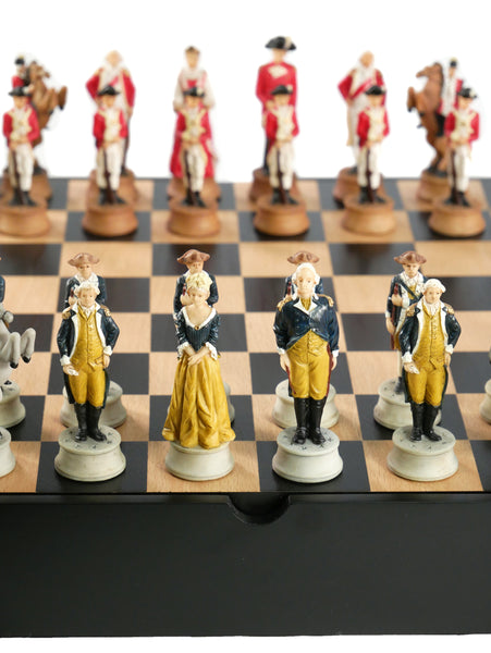 Chess Set - American Revolution Resin Chessmen on Black/Maple Chest