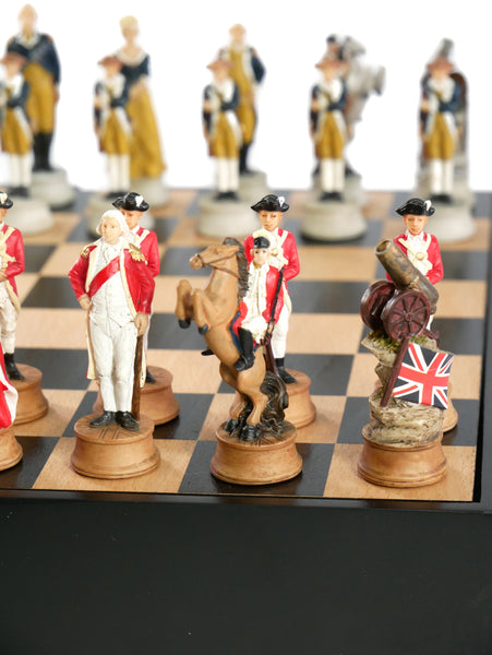 Chess Set - American Revolution Resin Chessmen on Black/Maple Chest