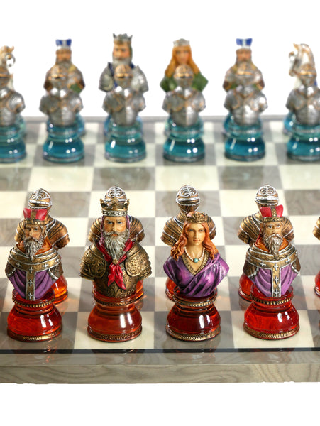 Chess Set - Camelot Busts Acrylic Chessmen on Grey Briar Chess Set
