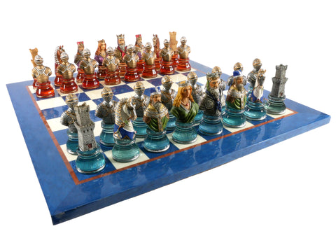Chess Set - Camelot Busts Acrylic Base Chessmen on Blue Lacquer Chess Board