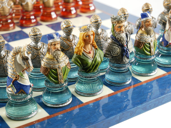 Chess Set - Camelot Busts Acrylic Base Chessmen on Blue Lacquer Chess Board