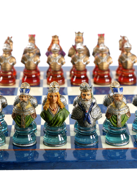 Chess Set - Camelot Busts Acrylic Base Chessmen on Blue Lacquer Chess Board