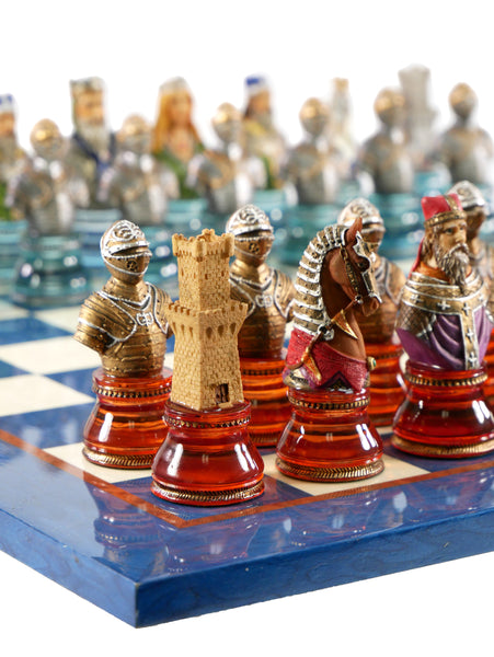 Chess Set - Camelot Busts Acrylic Base Chessmen on Blue Lacquer Chess Board