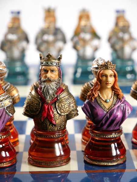 Chess Set - Camelot Busts Acrylic Base Chessmen on Blue Lacquer Chess Board