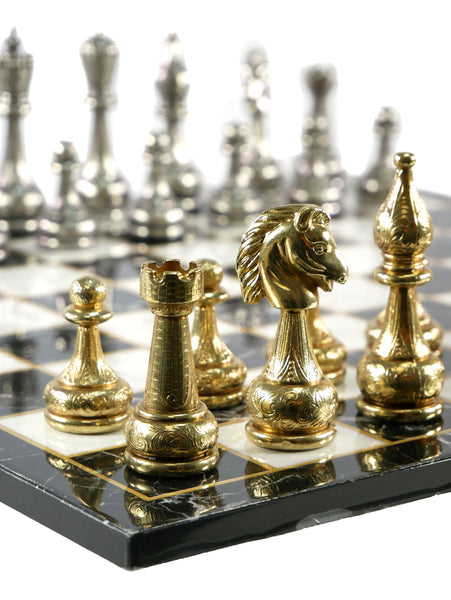 Chess Set - Large Metal Staunton Men on Marble Decoupage Chess Board