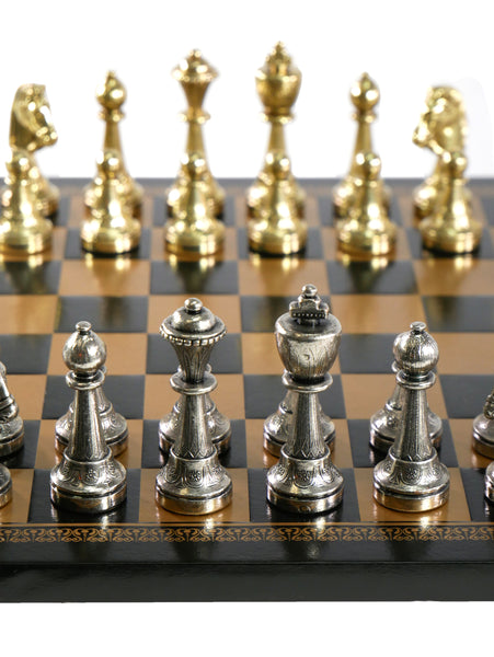 Chess Set - Staunton Metal Men on Faux Leather Chess Board