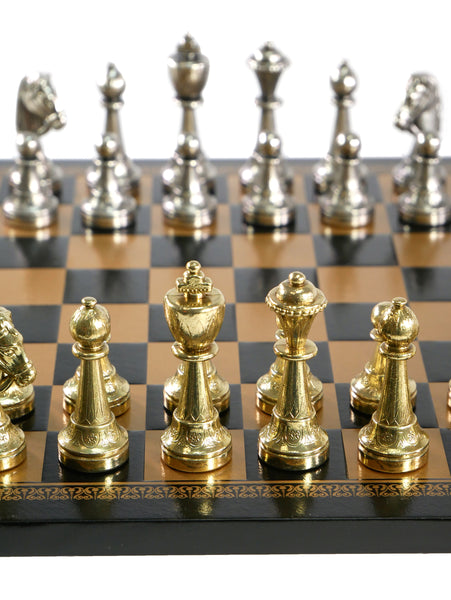 Chess Set - Staunton Metal Men on Faux Leather Chess Board
