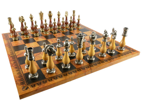 Chess Set - Big Staunton Metal and Maple & Golden Rosewood Chessmen on Faux Leather - Old Map Design