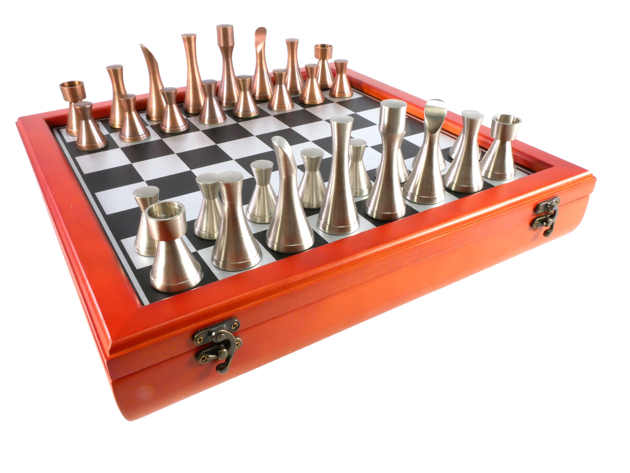 Chess Set - Contemporary Copper Chess Pieces on Cherry Stained Chest
