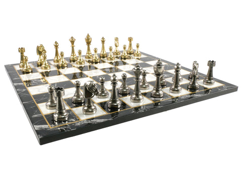 Chess Set - Staunton Metal Chess Pieces on Black Decoupage Chess Board