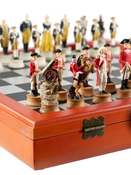 Chess Set - American Revolution Resin Chessmen on Cherry Stained Chest