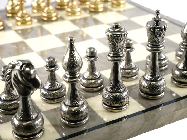 Chess Set - Large Metal Staunton Men on Grey Briar Board