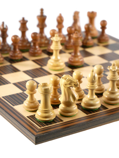 Chess Set - 3" Chamfered Base Kikkerwood Pieces on Ebony/Maple Chess Board