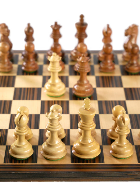 Chess Set - 3" Chamfered Base Kikkerwood Pieces on Ebony/Maple Chess Board
