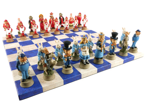 Chess Set - Alice in Wonderland Chessmen on Blue & Cream Chess Board