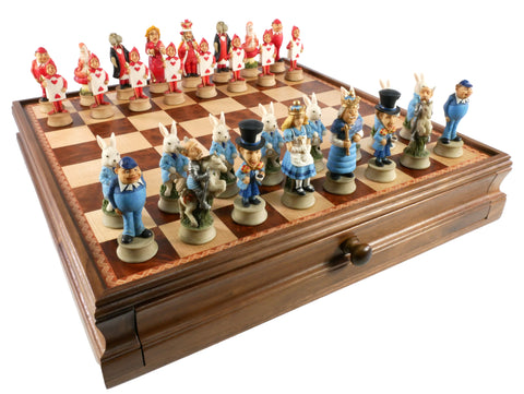 Chess Set - Alice in Wonderland Chessmen on Walnut/Maple Chest