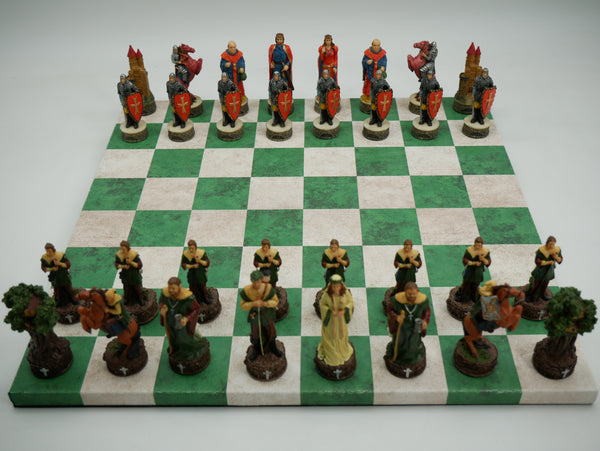 Chess Set - Robin Hood Chessmen on Green & Cream Faux Leatherette Chess Board