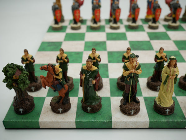 Chess Set - Robin Hood Chessmen on Green & Cream Faux Leatherette Chess Board