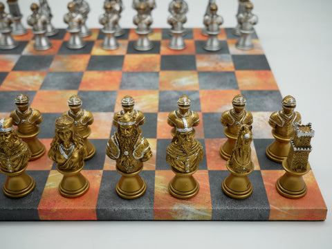 Chess Set - Painted Resin Camelot Metal Busts Pieces on Fire & Dusky Black Faux Leatherette Chess Board