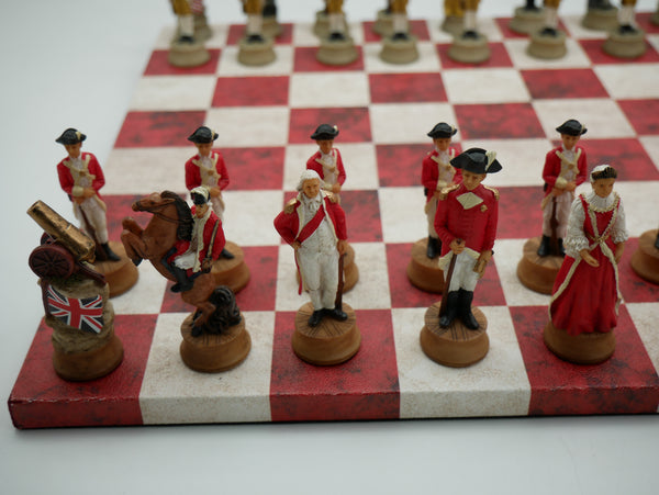 Chess Set - American Revolution Resin Chessmen on Red & Cream Faux Leatherette Chess Board