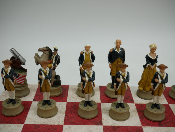 Chess Set - American Revolution Resin Chessmen on Red & Cream Faux Leatherette Chess Board